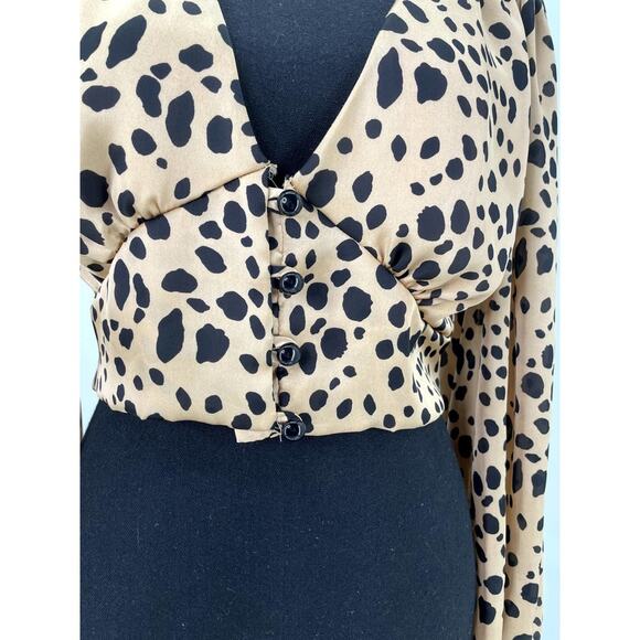 Windsor Cheetah Animal Print Crop Top Blouse S Puff Sleeve Elastic Wrist - Picture 10 of 12